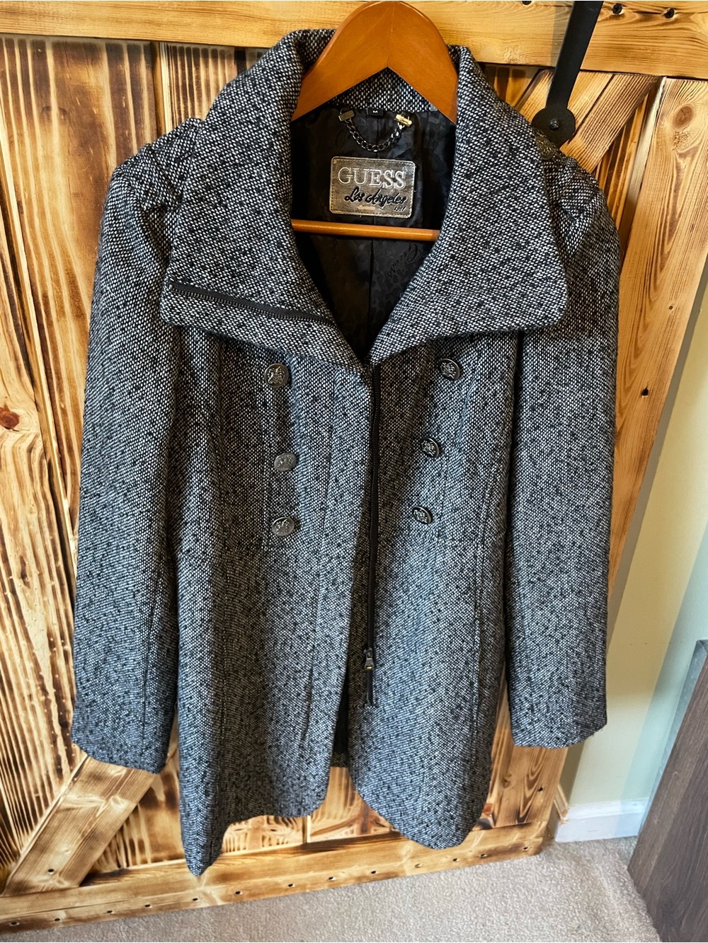 GUESS Gray Tweed Double-Breasted Pea Coat